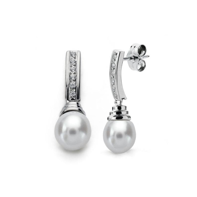 18K PENDIENTES ORO BLANCO PERLA 25X8 MM CIERRE PRESION