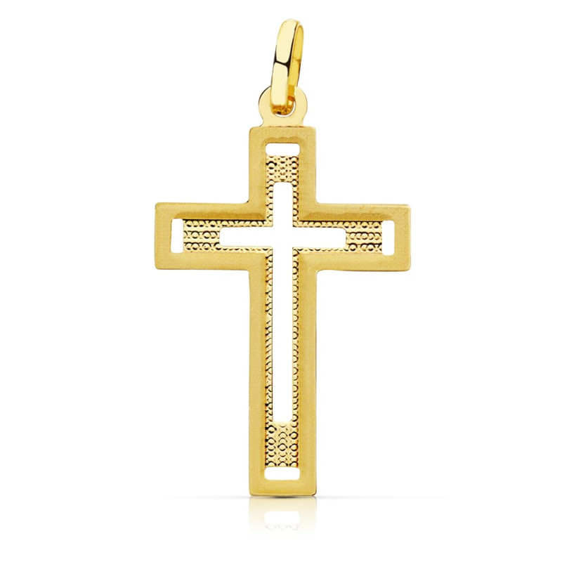 18K CRUZ ORO AMARILLO SIN CRISTO TALLADA 28X17 MM
