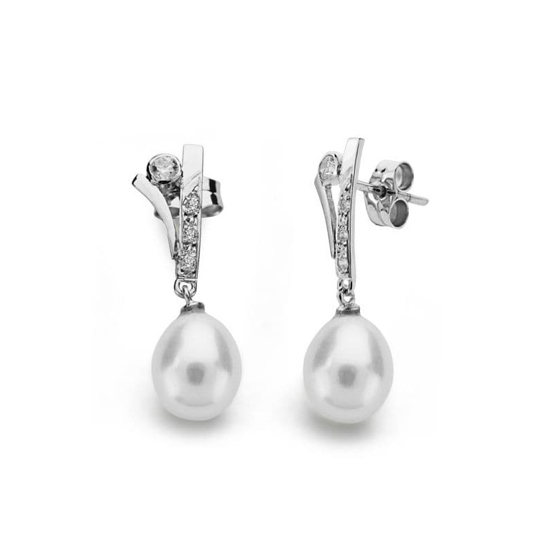18K PENDIENTES ORO BLANCO PERLA 23X7 MM CIERRE PRESION