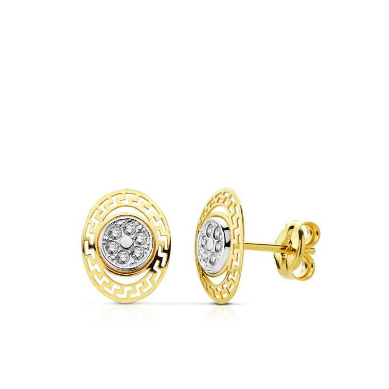 18K PENDIENTES ORO BICOLOR CIRCONITA 9X7 MM CIERRE PRESION