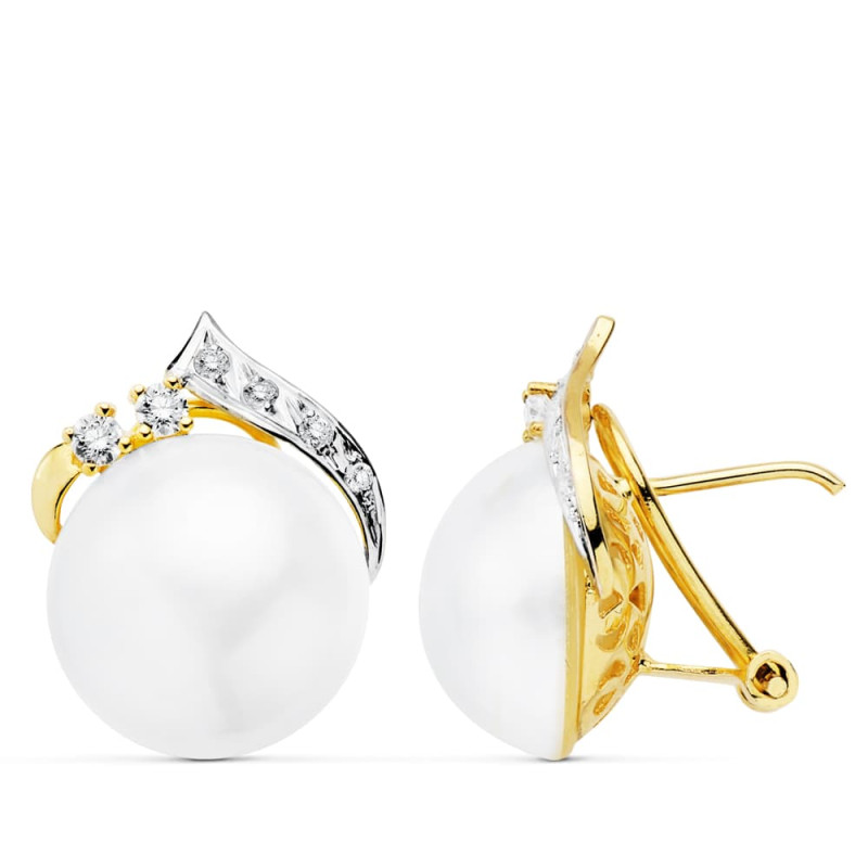 18K PENDIENTES BICOLOR PERLA JAPONESAS 14 MM CIERRE OMEGA