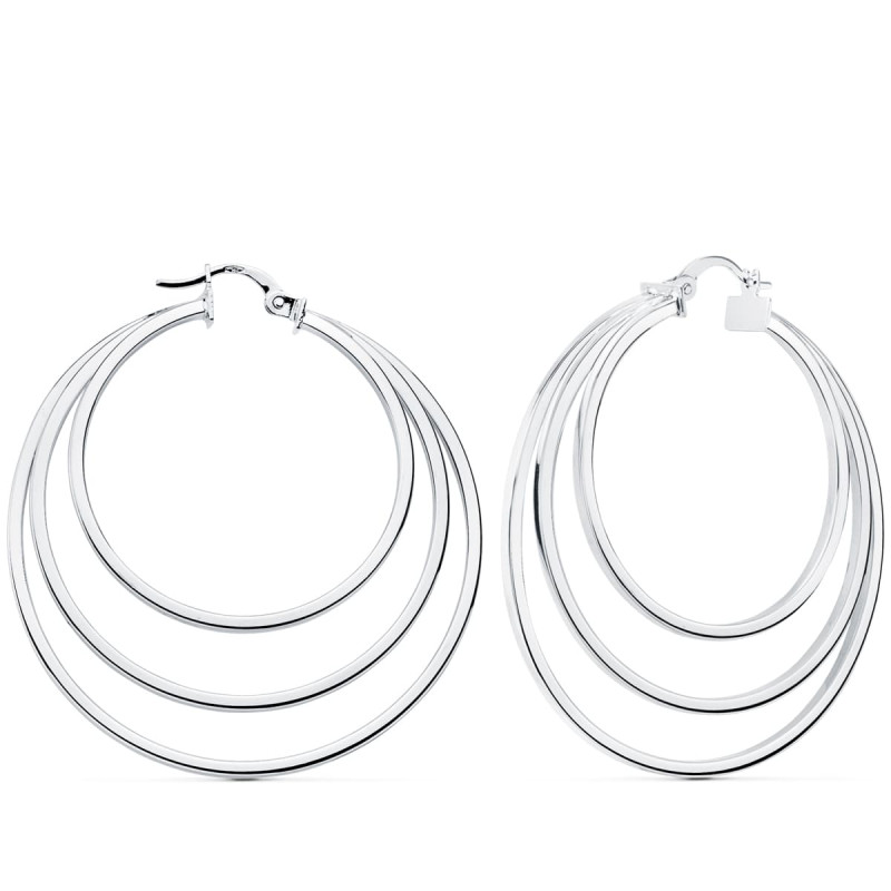 18K PENDIENTES AROS TRIPLES ORO BLANCO HUECOS REDONDOS 43 MM