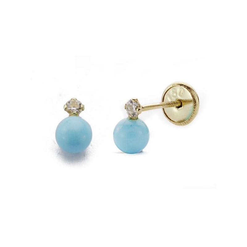 18K PENDIENTES ORO AMARILLO TURQUESA CIRCONITA 6X4 MM. CIERRE TUERCA