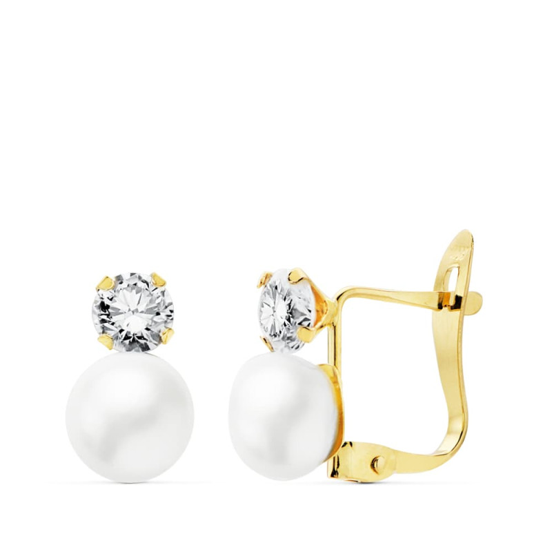 18K PENDIENTES CIRCONITA ORO BICOLOR 4 MM PERLA 6 MM CIERRE CATALAN