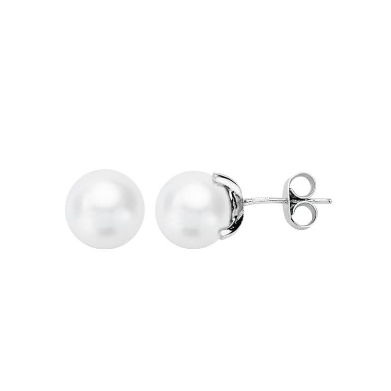 18K PENDIENTES ORO BLANCO PERLA CULTIVADA 7.5-8 MM CIERRE PRESION