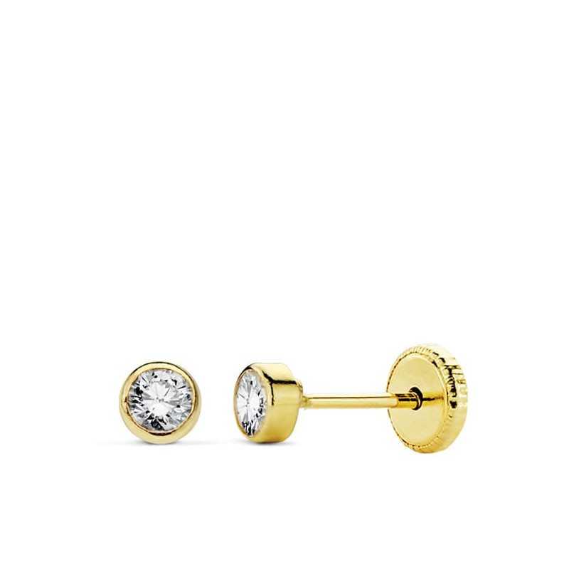 18K PENDIENTES ORO AMARILLO CHATON CIRCONITA REDONDOS TUERCA 3 MM