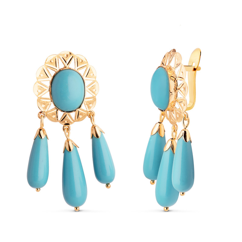 18K PENDIENTES ORO AMARILLO TALLADOS CON TURQUESA OVAL Y 3 LAGRIMAS. 37X15 MM.CIERRE CATALAN