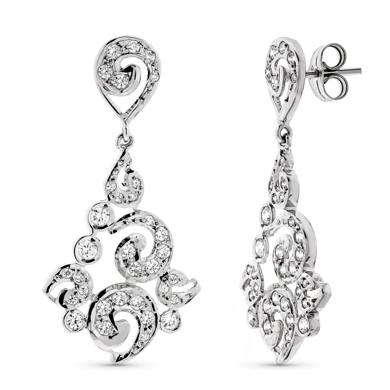 18K PENDIENTES ORO BLANCO LARGOS FILIGRANA CIERRE PRESION