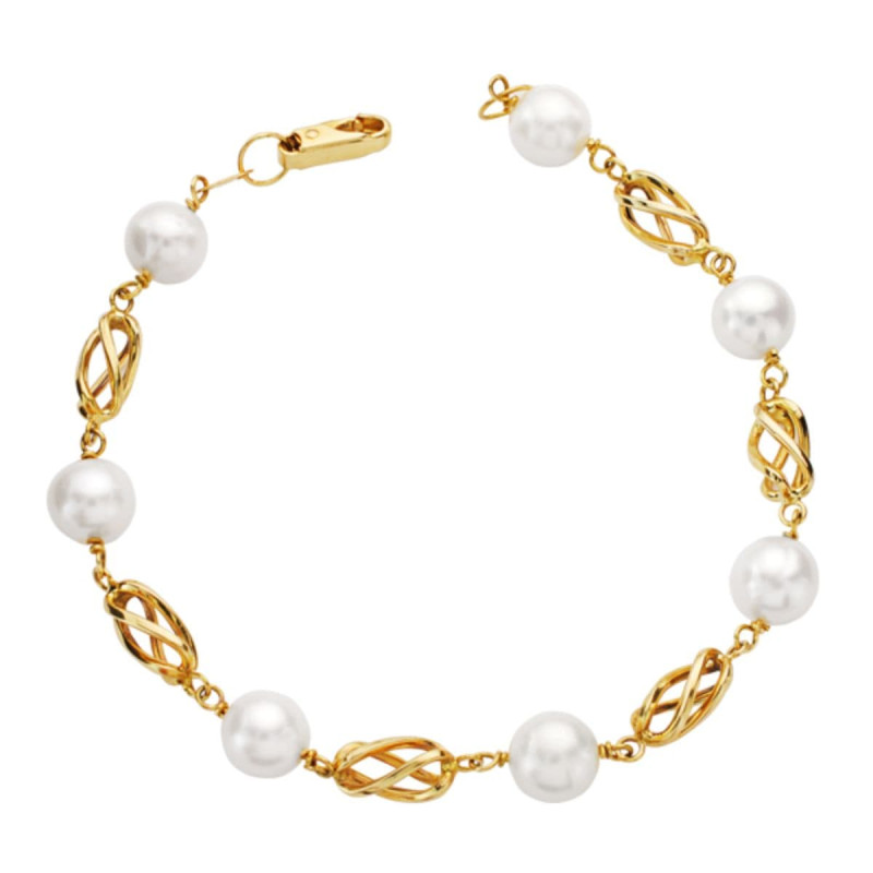 18K PULSERA ORO AMARILLO PERLA REDONDAS DE 8 MM Y JAULAS DE ORO 19CM