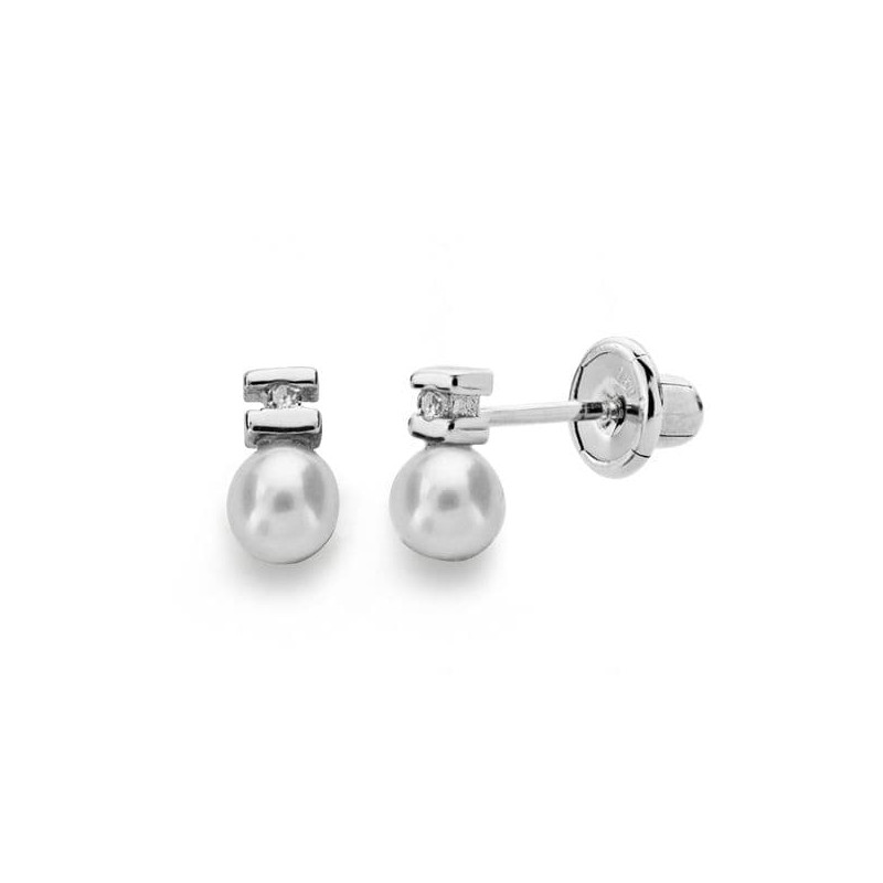 18K PENDIENTES ORO BLANCO PERLA 3 MM DIAMANTES NATURALES SI-H TALLA BRILLANTE 0,012 QTS. CIERRE TUERCA