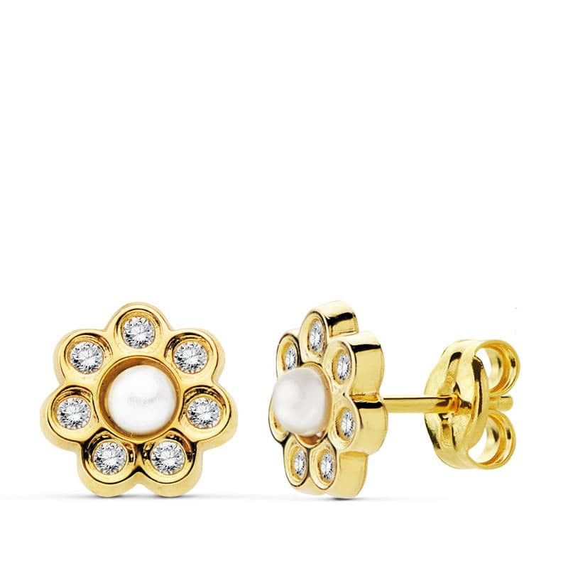 18K PENDIENTES ORO AMARILLO FLOR 7 MM PERLITA Y CIRCONITA CIERRE PRESION