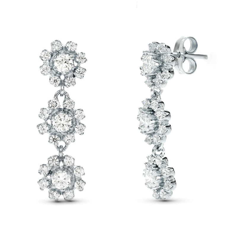 18K PENDIENTES ORO BLANCO JUEGO NOVIA LARGOS TRES CUAJOS 25X8 MM CIERRE PRESION