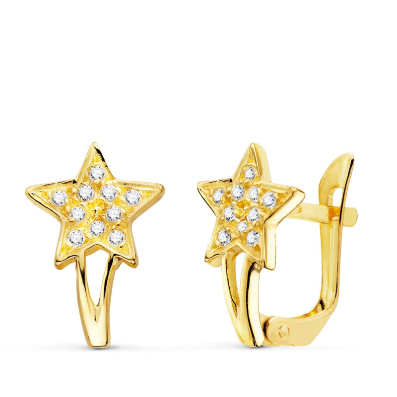 18K PENDIENTES ORO AMARILLO ESTRELLAS CON CIRCONITA 12X8 MM CIERRE CATALAN