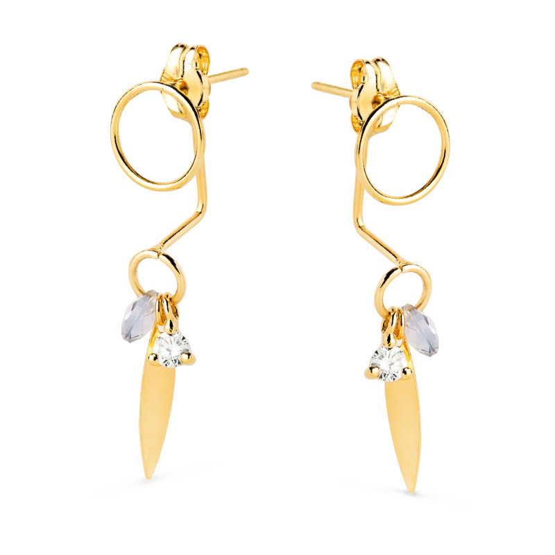 18K PENDIENTES ORO AMARILLO EAR JACKETCON CIRCULO, HOJA Y PIEDRA AZUL 27X7 MM. CIERRE PRESION