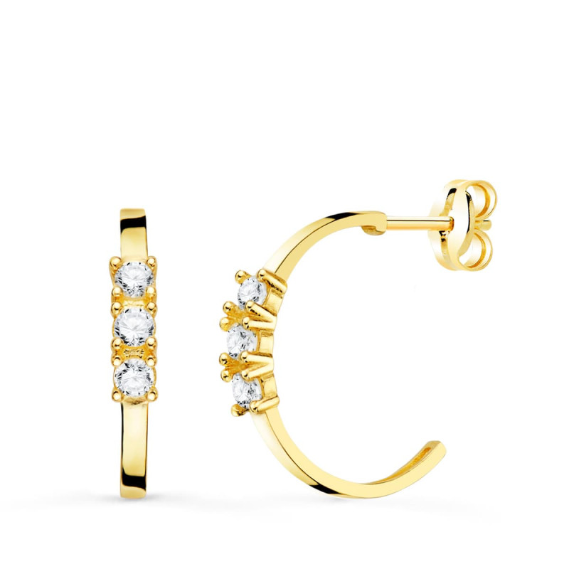 18K PENDIENTES AROS ABIERTOS ORO AMARILLO CON CIRCONITA 15 MM CIERRE PRESION