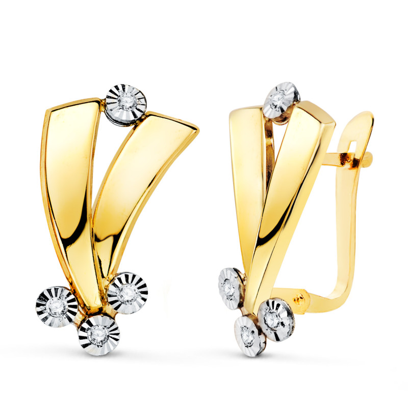 18K PENDIENTES ORO BICOLOR BANDAS Y MOTIVOS REDONDOS TALLADOS. 16,5 X 10 MM. CIERRE CATALAN