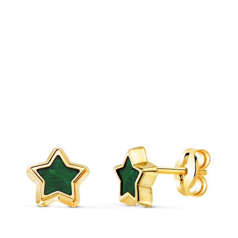 18K PENDIENTES ORO AMARILLO ESTRELLA CON MALAQUITA 7X7 MM. CIERRE PRESION