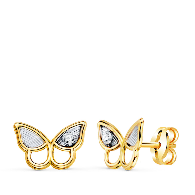 18K PENDIENTES ORO BICOLOR MARIPOSA CON CIRCONITAS. MEDIDA: 8 X 6,5 MM. CIERRE PRESION