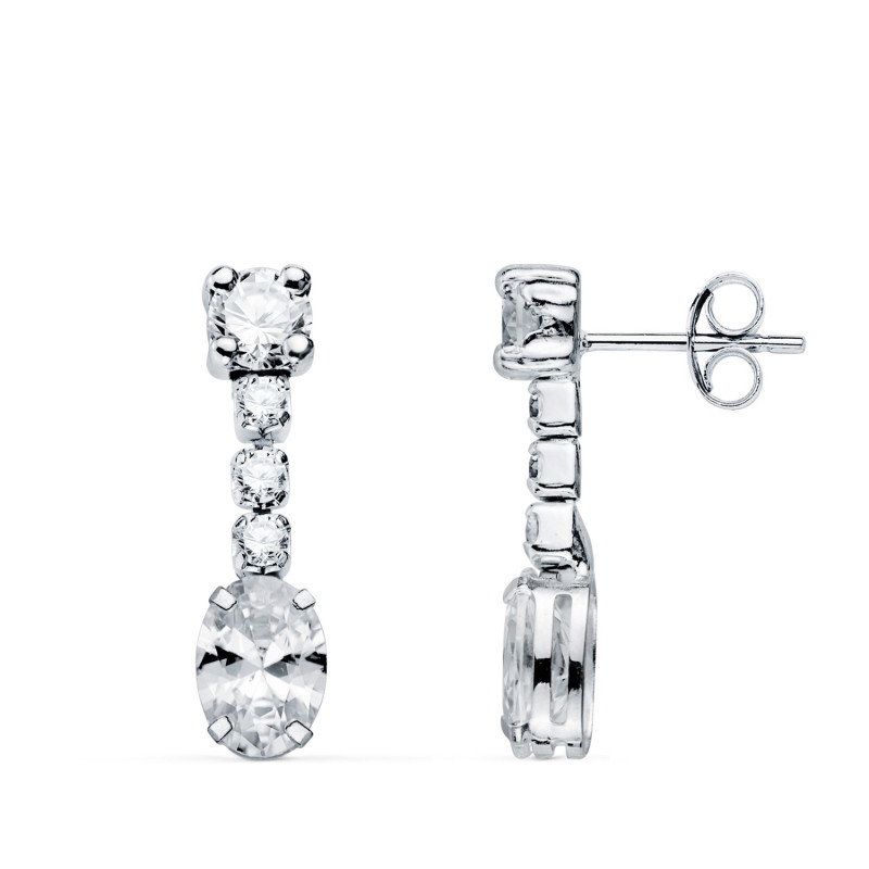 18K PENDIENTES ORO BLANCO CIRCONITA BLANCA EN FORMA OVAL Y CIRCONITAS. 20X5 MM. CIERRE PRESION