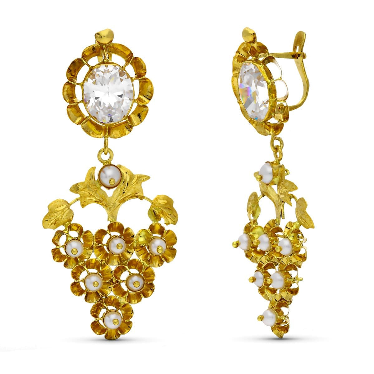 18K PENDIENTES ORO AMARILLO CUBANAS MANTILLA CIRCONITA Y PERLA TOTAL 50X22 MM CATALAN