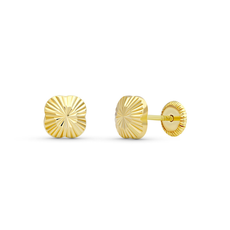 18K PENDIENTES ORO AMARILLO FLOR TALLADAS. 6X6 MM CIERRE TUERCA