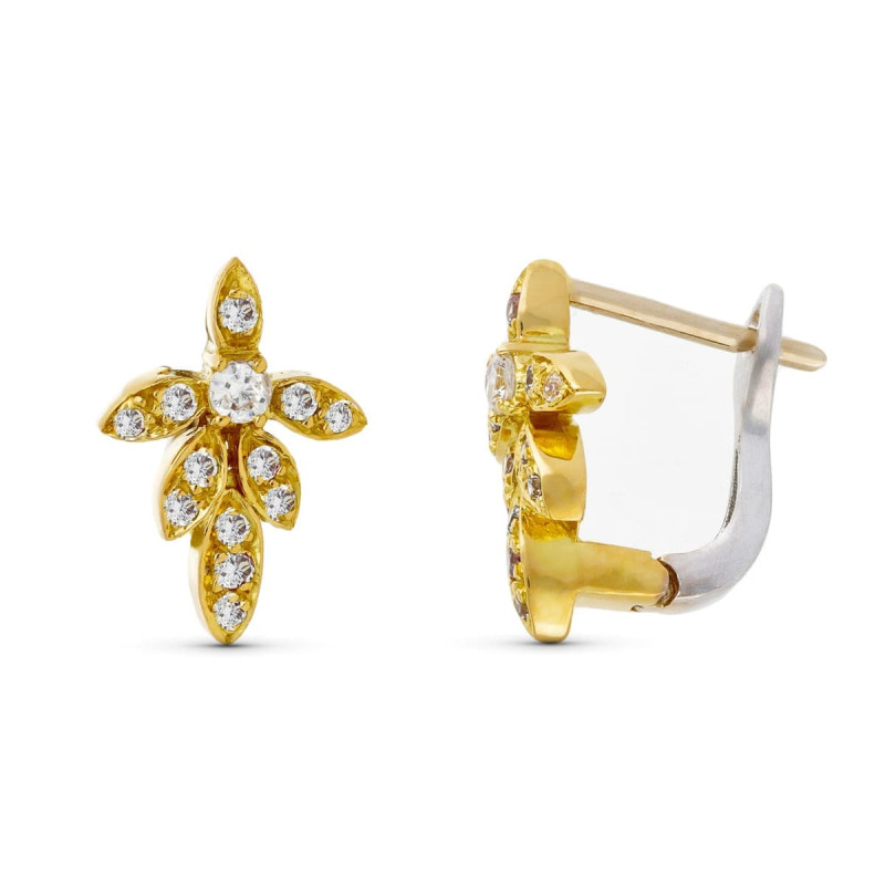 18K PENDIENTES ORO BICOLOR HOJITAS CIRCONITA CIERRE CATALAN