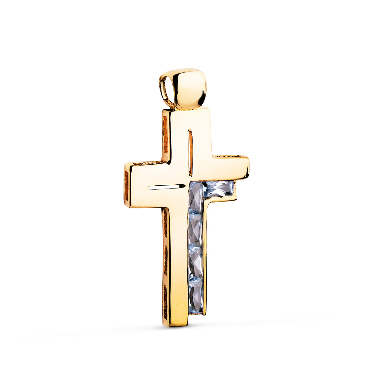 18K CRUZ ORO AMARILLO PIEDRAS BAGUETTE CIRCONITAS COLOR AGUAMARINA. 31 X 15 MM