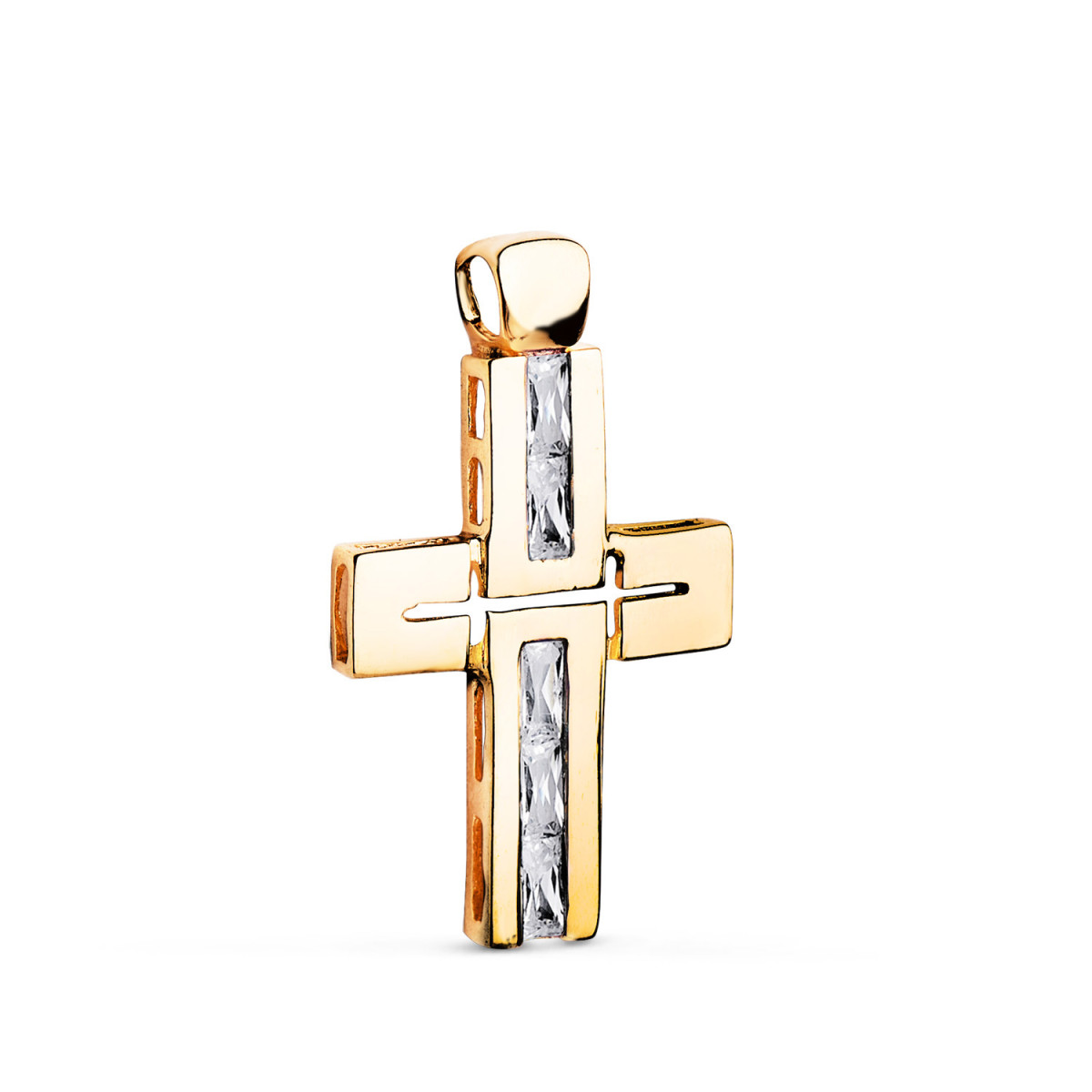 18K CRUZ ORO AMARILLO PIEDRAS BAGUETTE CIRCONITAS BLANCAS. 29 X 18 MM