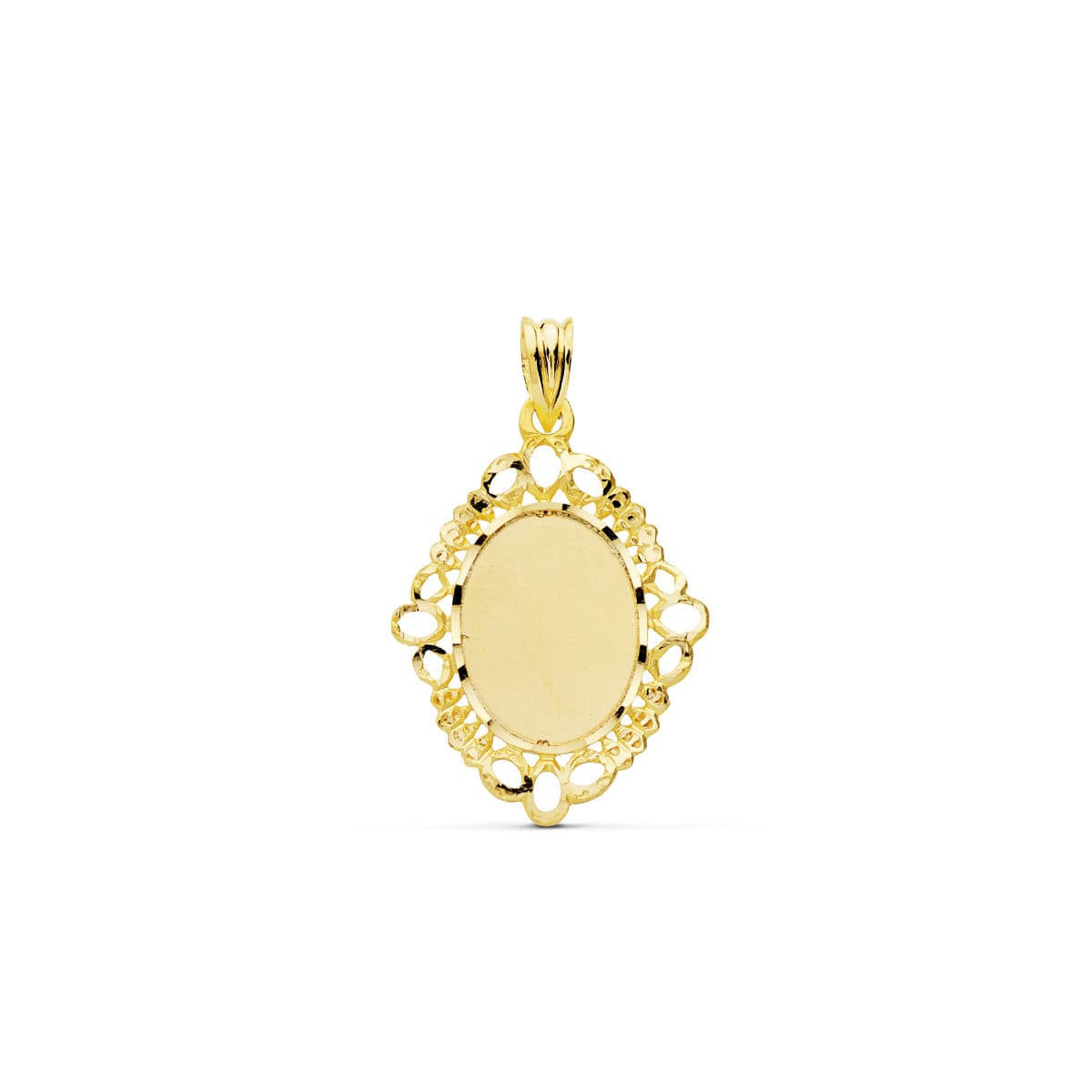 18K COLGANTE PLACA CHAPA ORO AMARILLO CERCO CALADO OVAL 31X22 MM