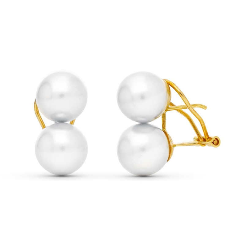 18K PENDIENTES ORO AMARILLO PERLA SINTETICA 9 MM CIERRE OMEGA