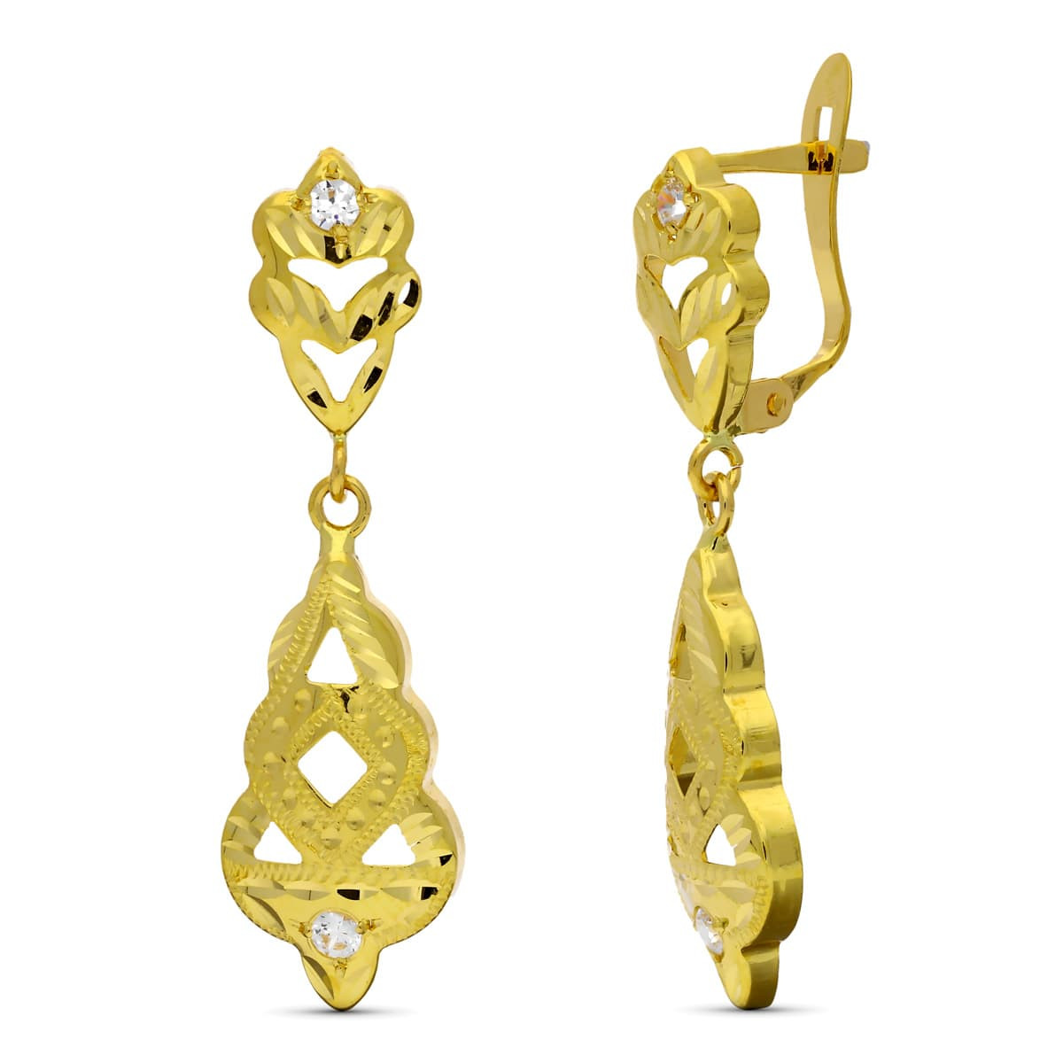 18K PENDIENTES ORO AMARILLO DOS CUERPOS CUBANAS CIGARRON TALLADO CON CIRCONITA 31X10 MM CATALAN