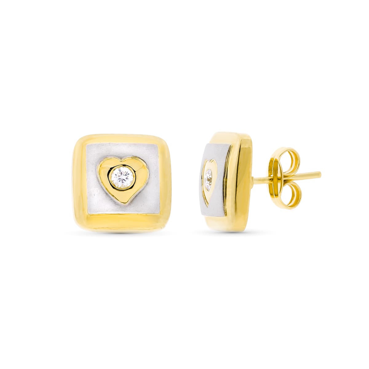 18K PENDIENTES ORO BICOLOR MATE Y BRILLO CUADRADOS BICOLOR 11X11 MM CIERRE A PRESIÓN