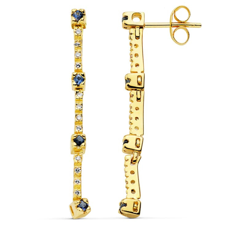 18K PENDIENTES ORO AMARILLO  LARGOS 16 CIRCONITA Y ZAFIRO PRESION