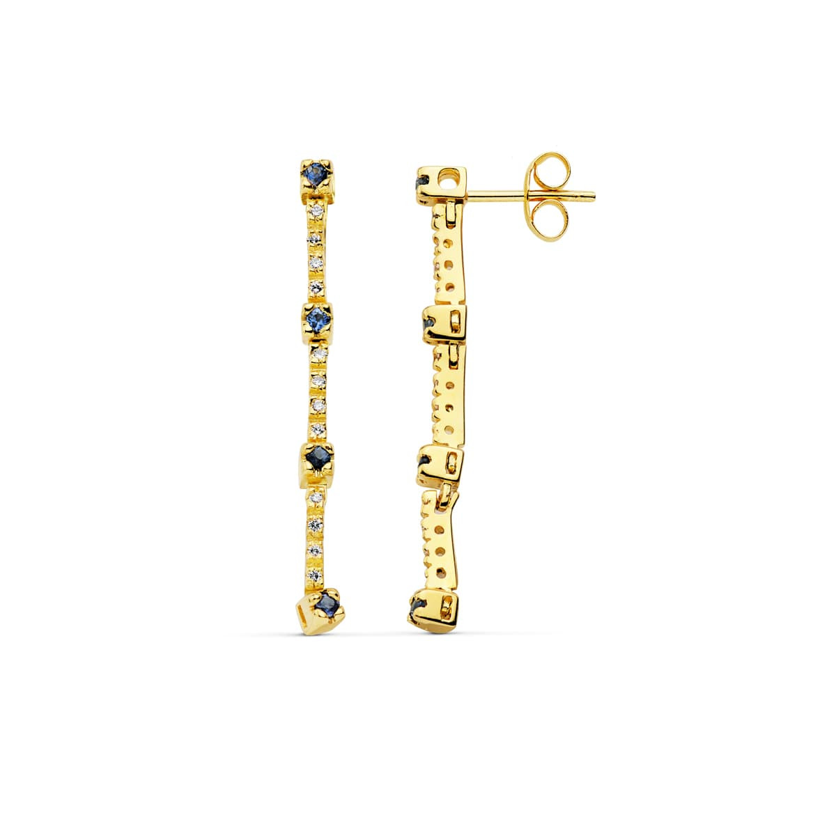 18K PENDIENTES ORO AMARILLO  LARGOS 16 CIRCONITA Y ZAFIRO PRESION