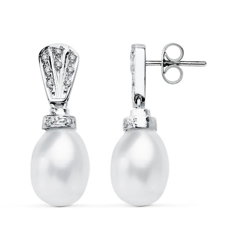 18K PENDIENTES ORO BLANCO PERLA 26X9 MM CIERRE PRESION