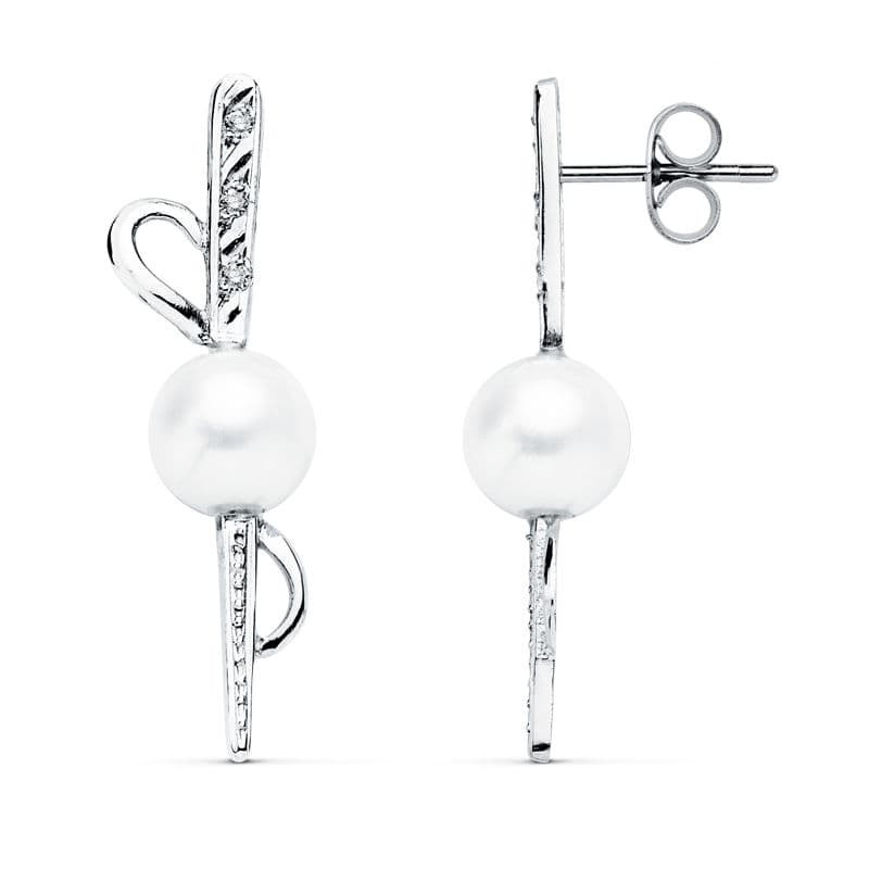 18K PENDIENTES ORO BLANCO PERLA 30X9 MM CIERRE PRESION