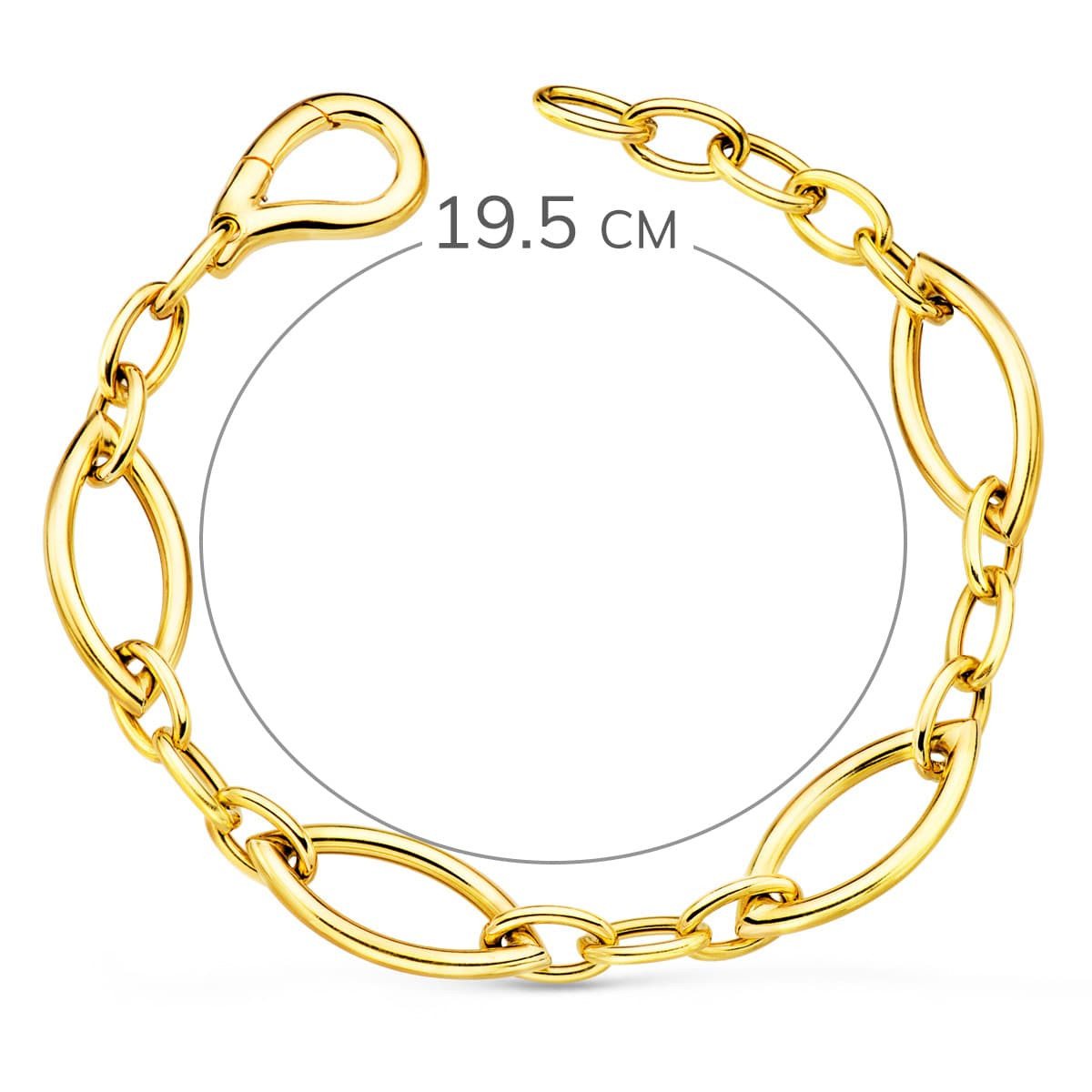 18K PULSERA ORO AMARILLO ESLABONES OVALES BRILLO ANCHO 10 MM LARGO 19.5 CM