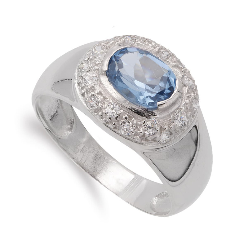 18K SORTIJA ORO BLANCO PIEDRA COLOR AGUAMARINA Y CIRCONITAS. ANCHO: 13 MM