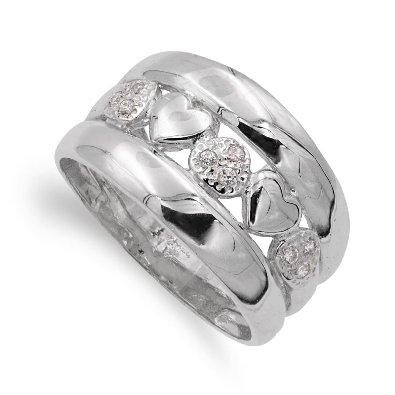 18K SORTIJA ORO BLANCO CORAZONES Y CIRCONITAS. ANCHO: 12 MM