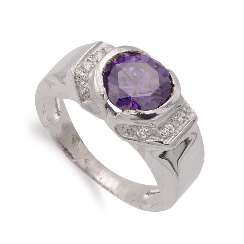 18K SORTIJA ORO BLANCO CON AMATISTA. ANCHO: 8 MM