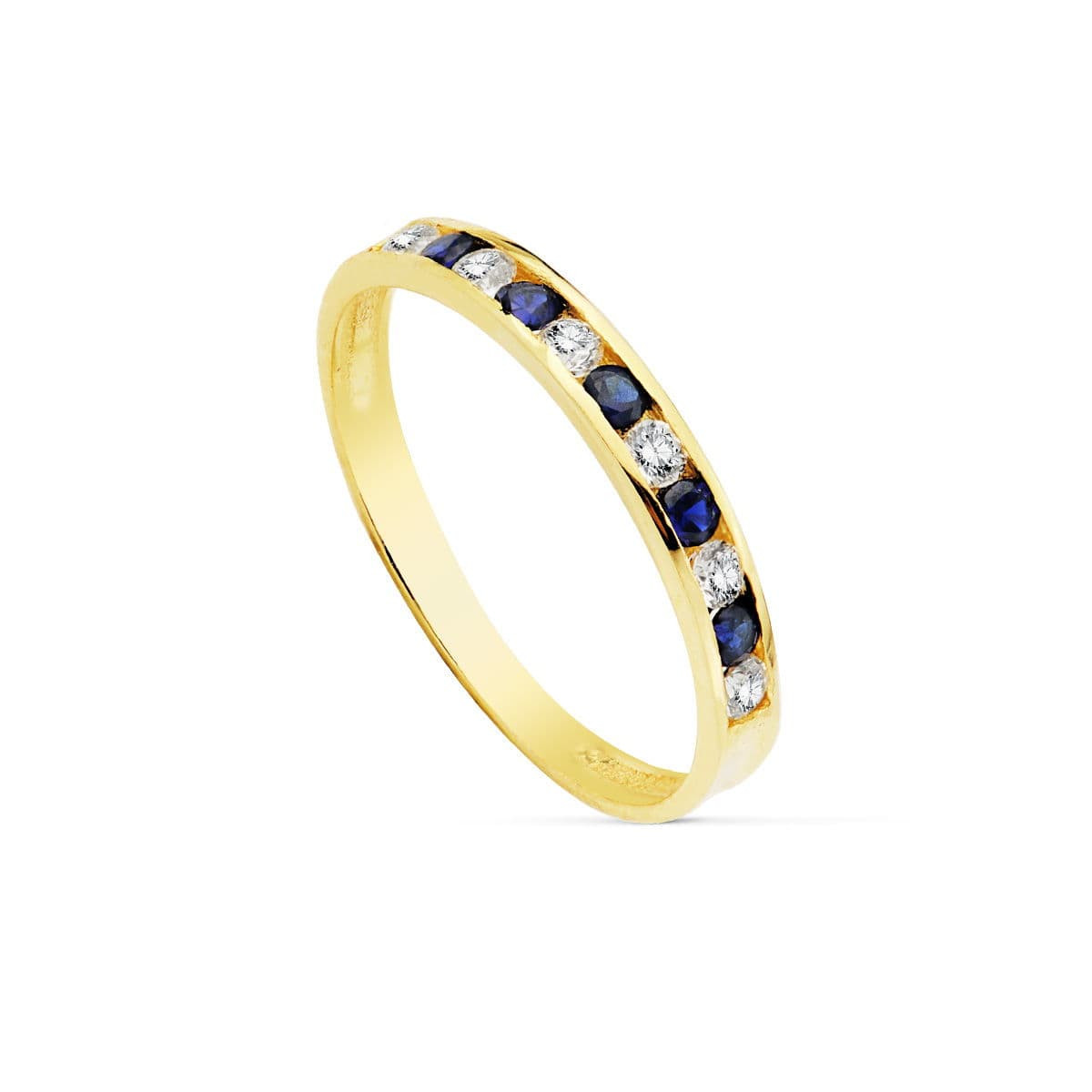 18K SORTIJA ORO AMARILLO CIRCONITA AZULES Y BLANCAS. ANCHO CUERPO 2.5 MM