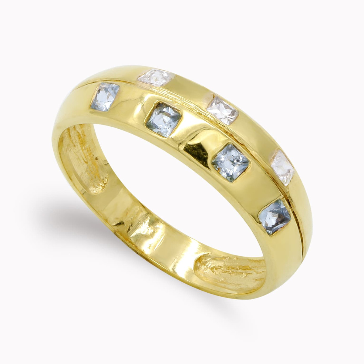 18K SORTIJA ORO AMARILLO CIRCONITA TALLA PRINCESA Y PIEDRAS AGUAMARINA. ANCHO: 6 MM