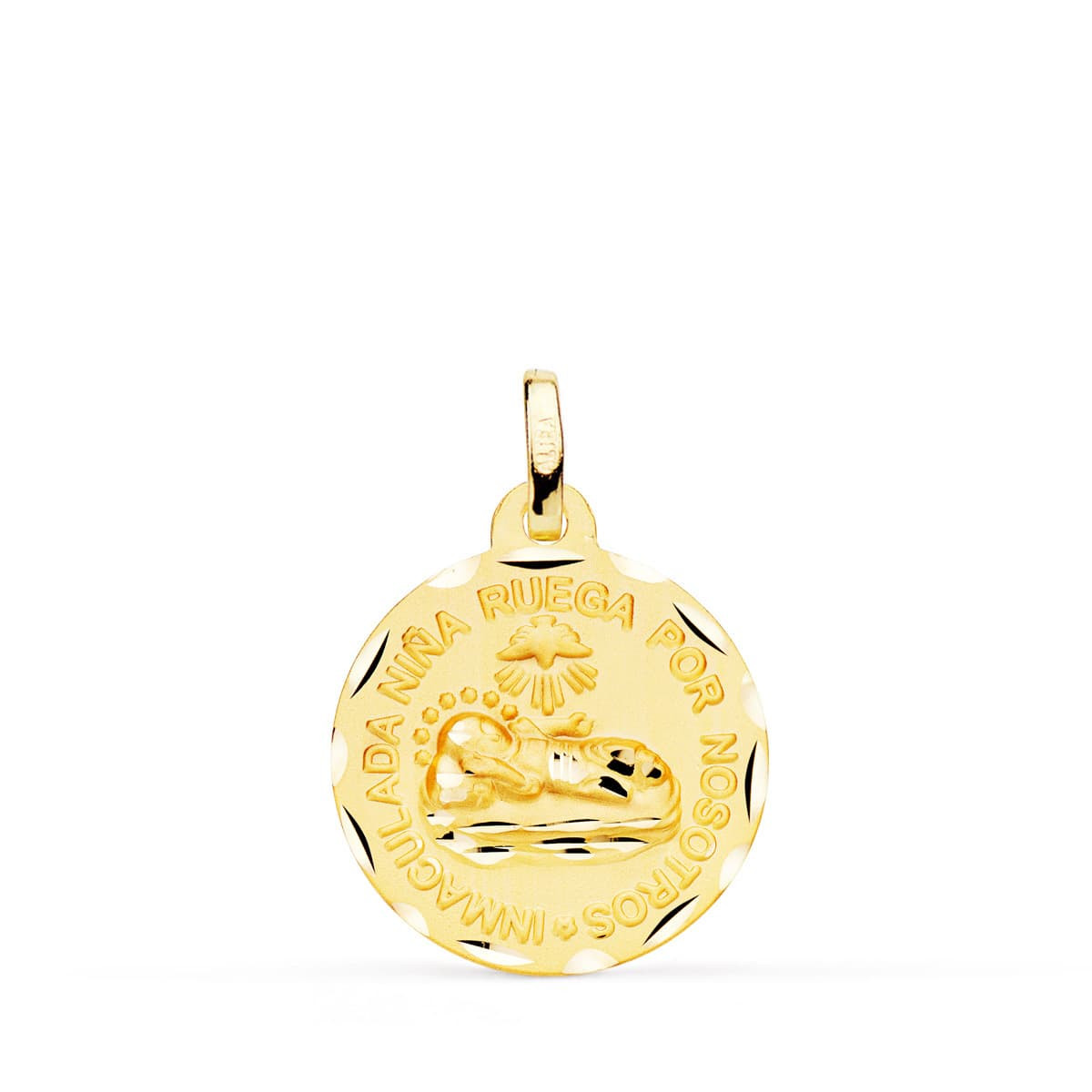 18K MEDALLA ORO AMARILLO INMACULADA NIÑA RUEGA POR NOSOTROS 18 MM