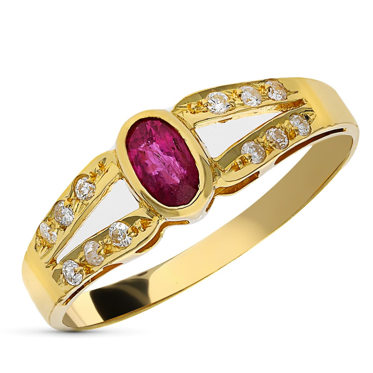 18K SORTIJA ORO AMARILLO DIAMANTES NATURALES TALLA 0.12 QTS Y RUBI OVAL.