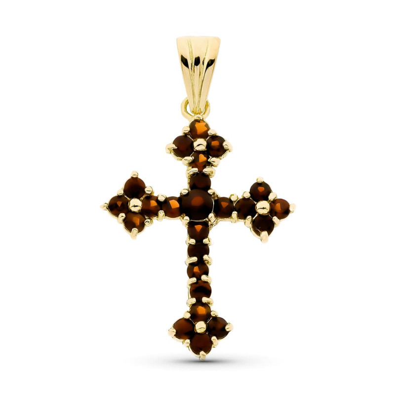 18K CRUZ ORO AMARILLO GRANATE 35X25 MM