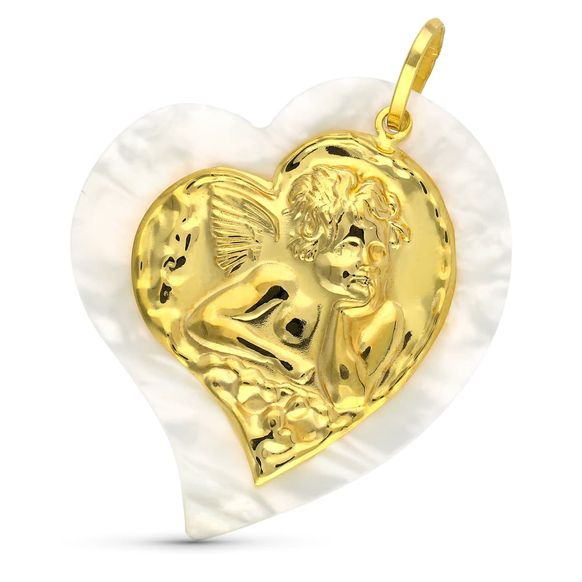18K COLGANTE ORO AMARILLO ANGEL NACAR CORAZON 40X35 MM C. AMOR