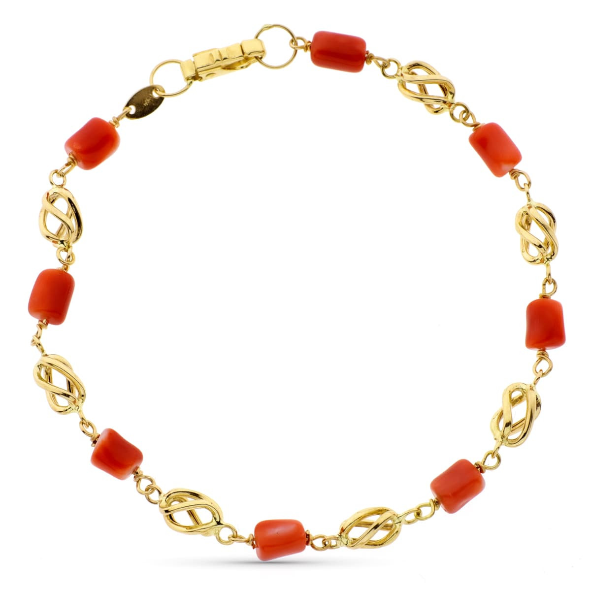 18K PULSERA ORO AMARILLO CON JAULAS Y CORAL FINO JAPONES 19CM