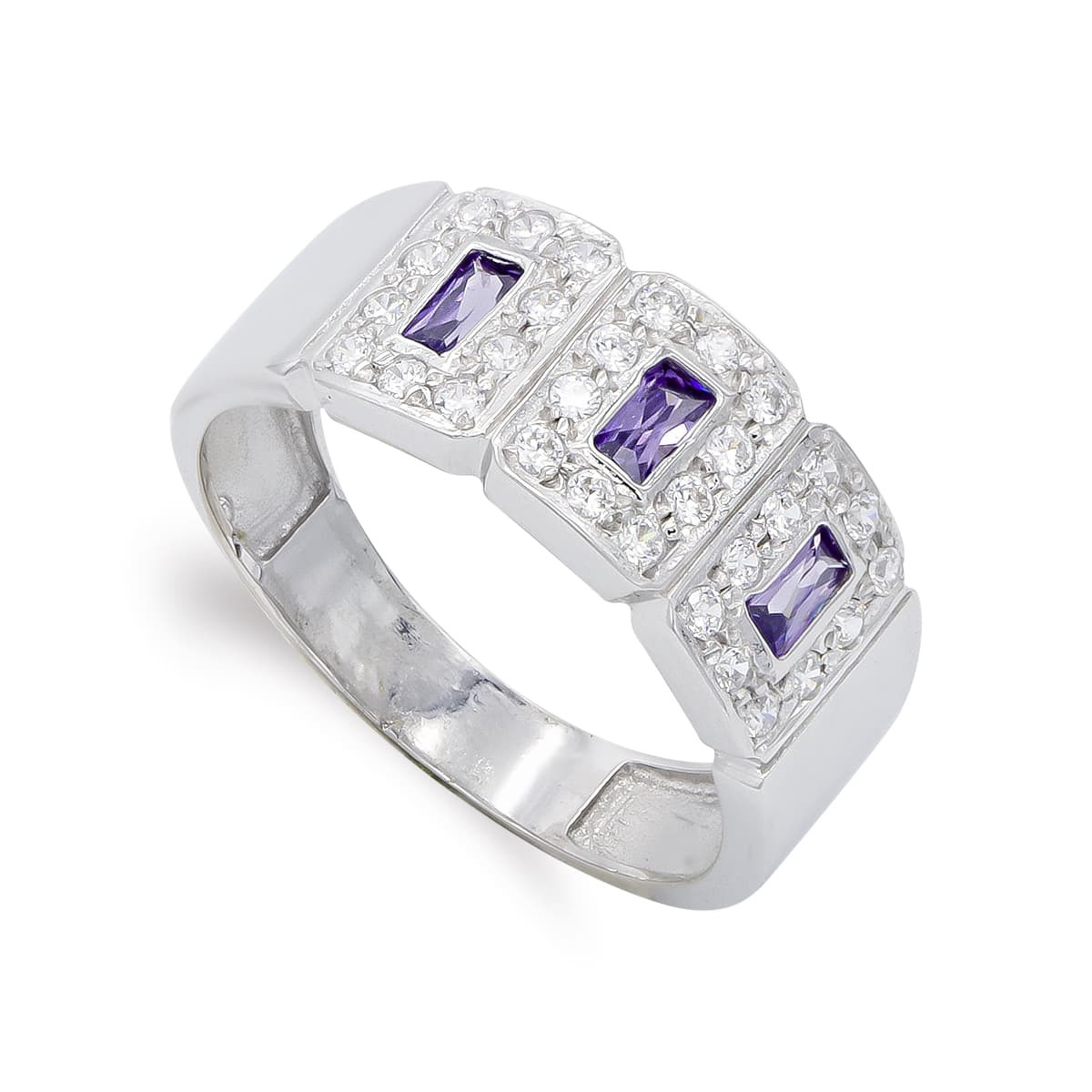 18K SORTIJA ORO BLANCO CON CIRCONITA COLOR AMATISTA Y BLANCAS. ANCHO: 8,5 MM