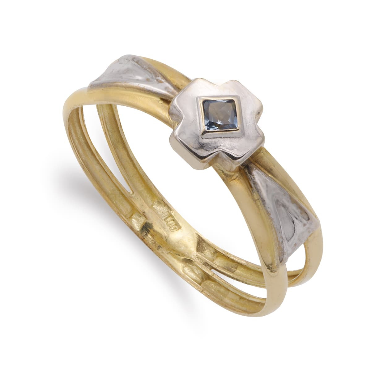 18K SORTIJA ORO BICOLOR DOBLE CUERPO CON CRUZ Y CIRCONITA AGUAMARINA. ANCHO: 6,5 MM