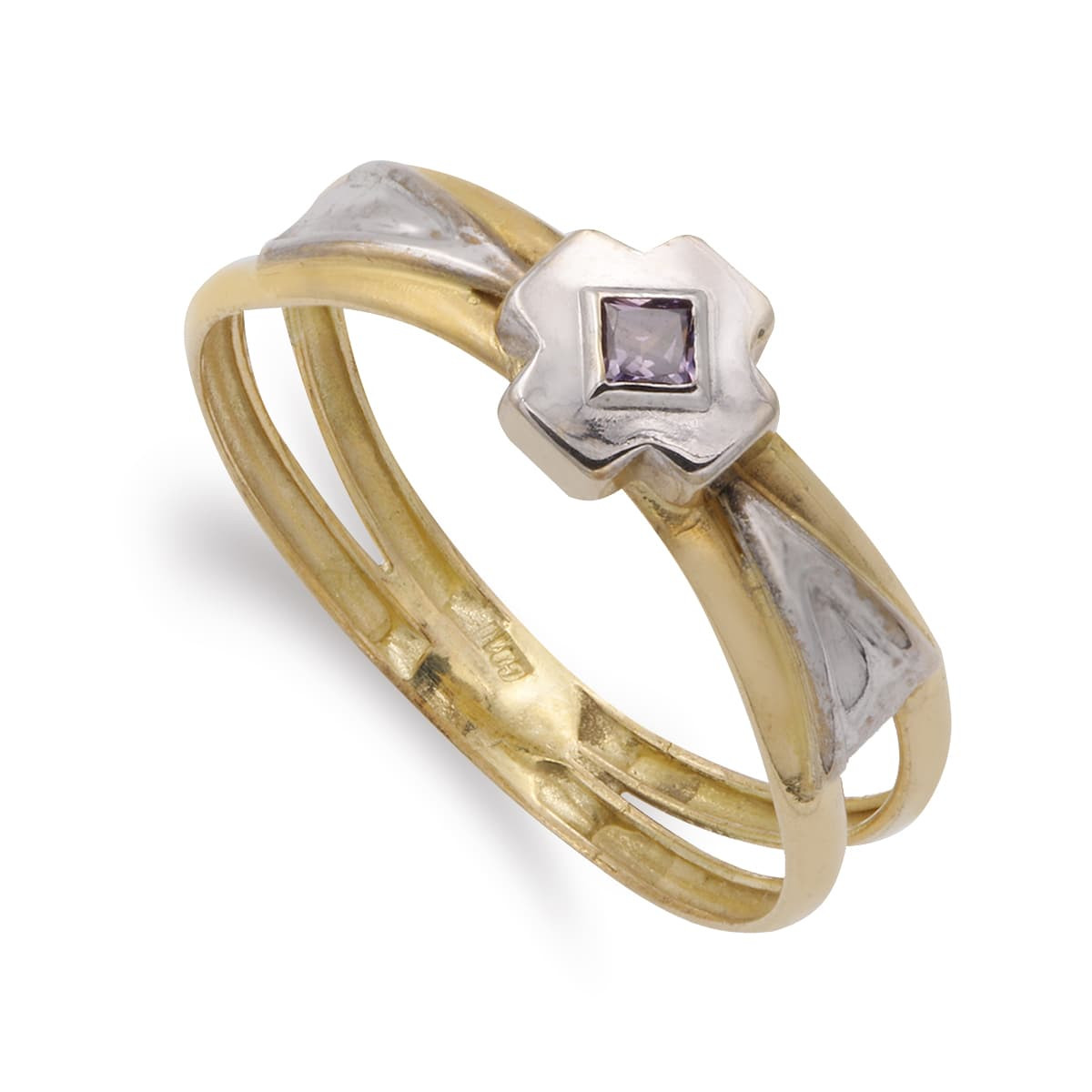 18K SORTIJA ORO BICOLOR DOBLE CUERPO CON CRUZ Y CIRCONITA AMATISTA. ANCHO: 6,5 MM